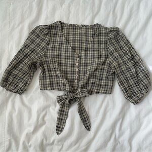 Plaid Tie-Front Ribbon Blouse with Puffed Elbow Sleeves